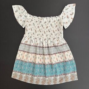 Jella C Womens Smocked Ruffled‎ Tube with Cap Sleeve Top, Teal Patterned T11